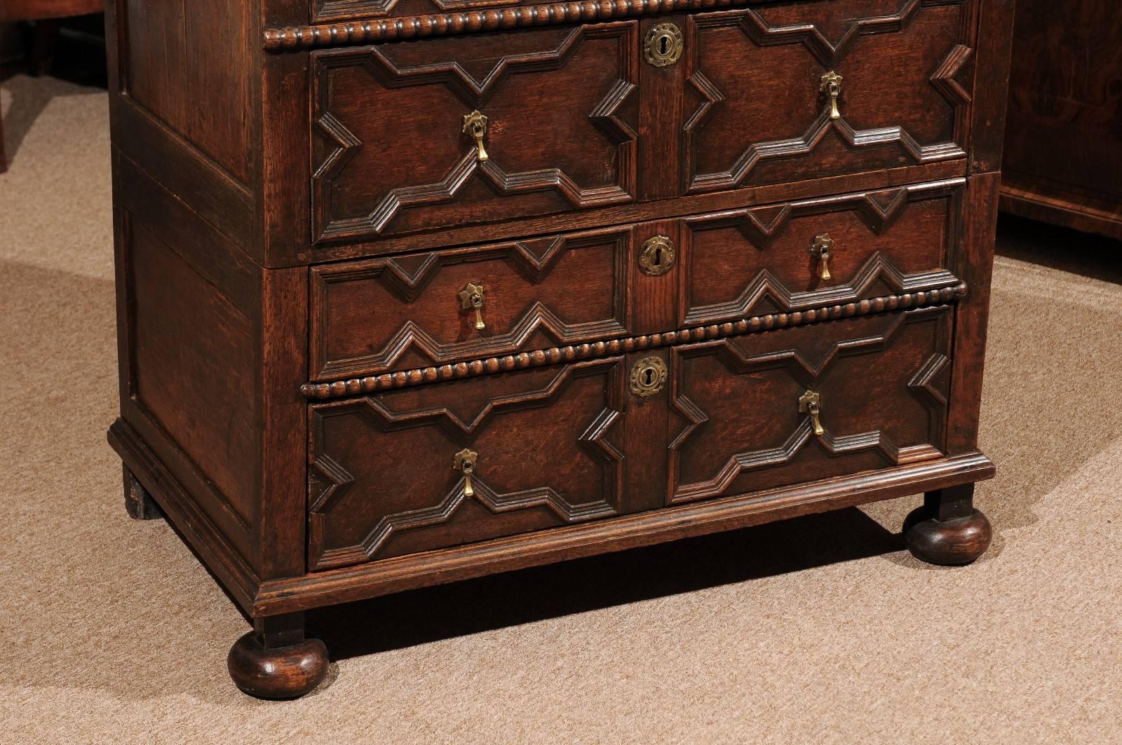 18th Century English Jacobean Style Oak Chest with Four Drawers and Bun Feet 2