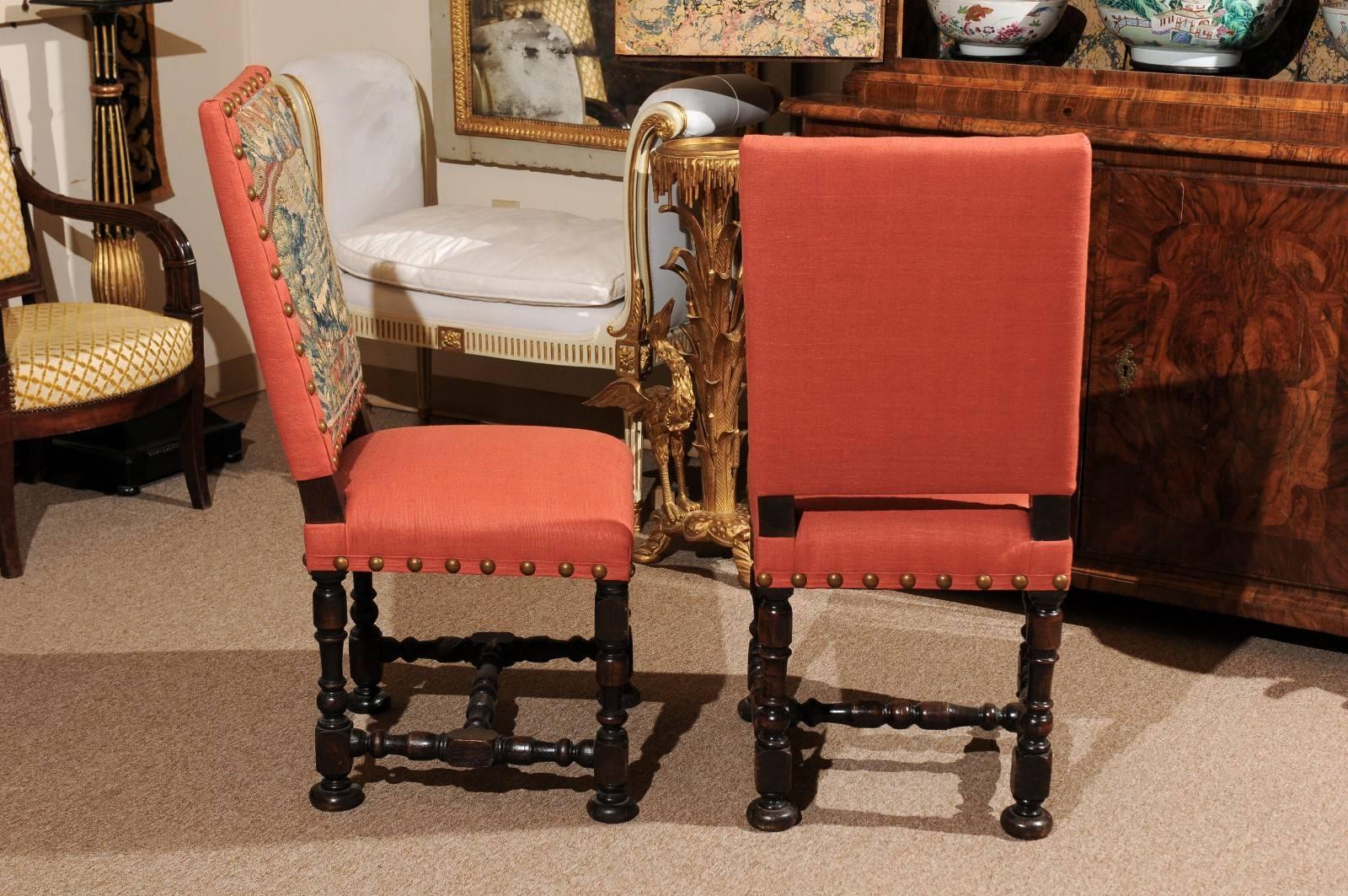 Brass Pair of Louis XIII Style Oak Side Chairs, France 18th Century