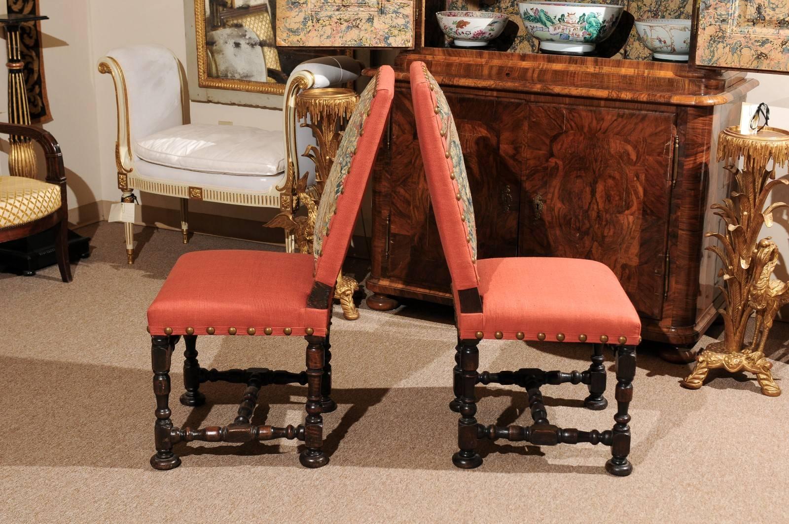 Hand-Carved Pair of Louis XIII Style Oak Side Chairs, France 18th Century