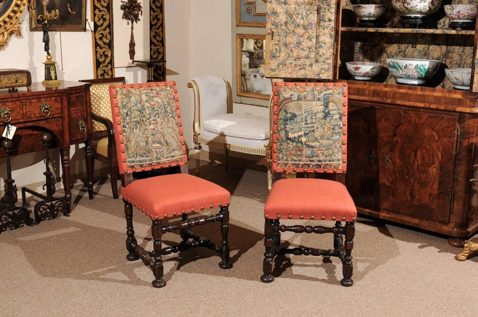 French Pair of Louis XIII Style Oak Side Chairs, France 18th Century