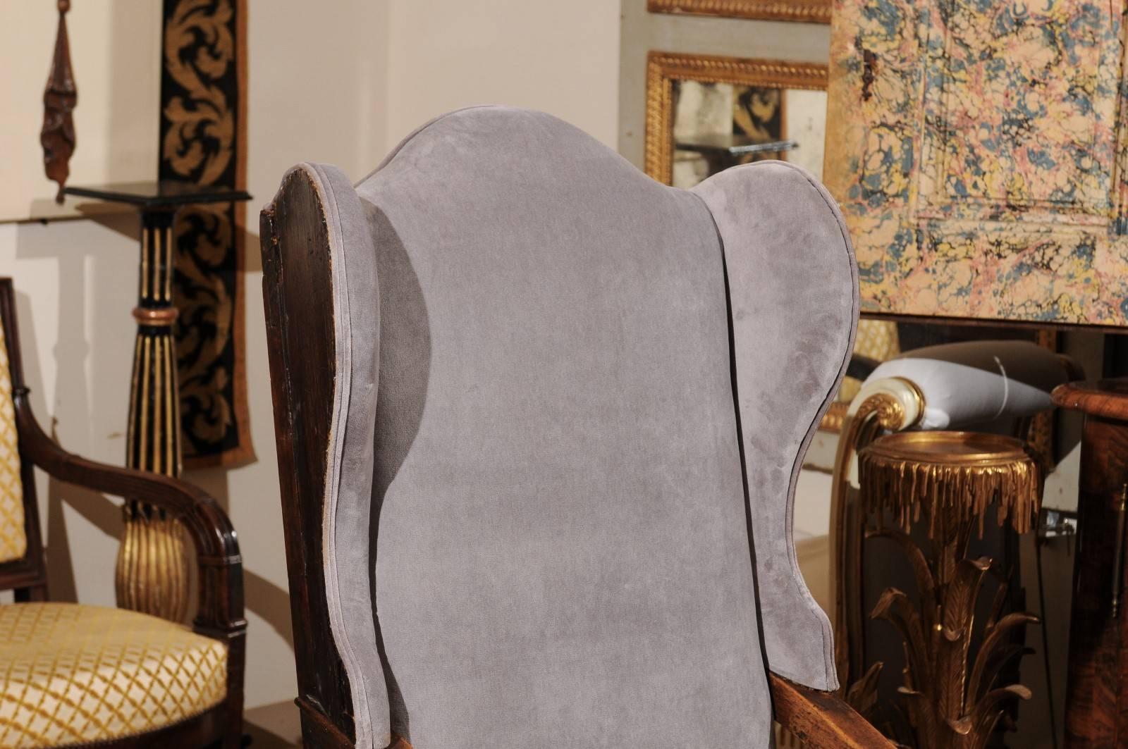 18th Century Italian Walnut Wing Chair with Grey Velvet Upholstery In Excellent Condition In Atlanta, GA