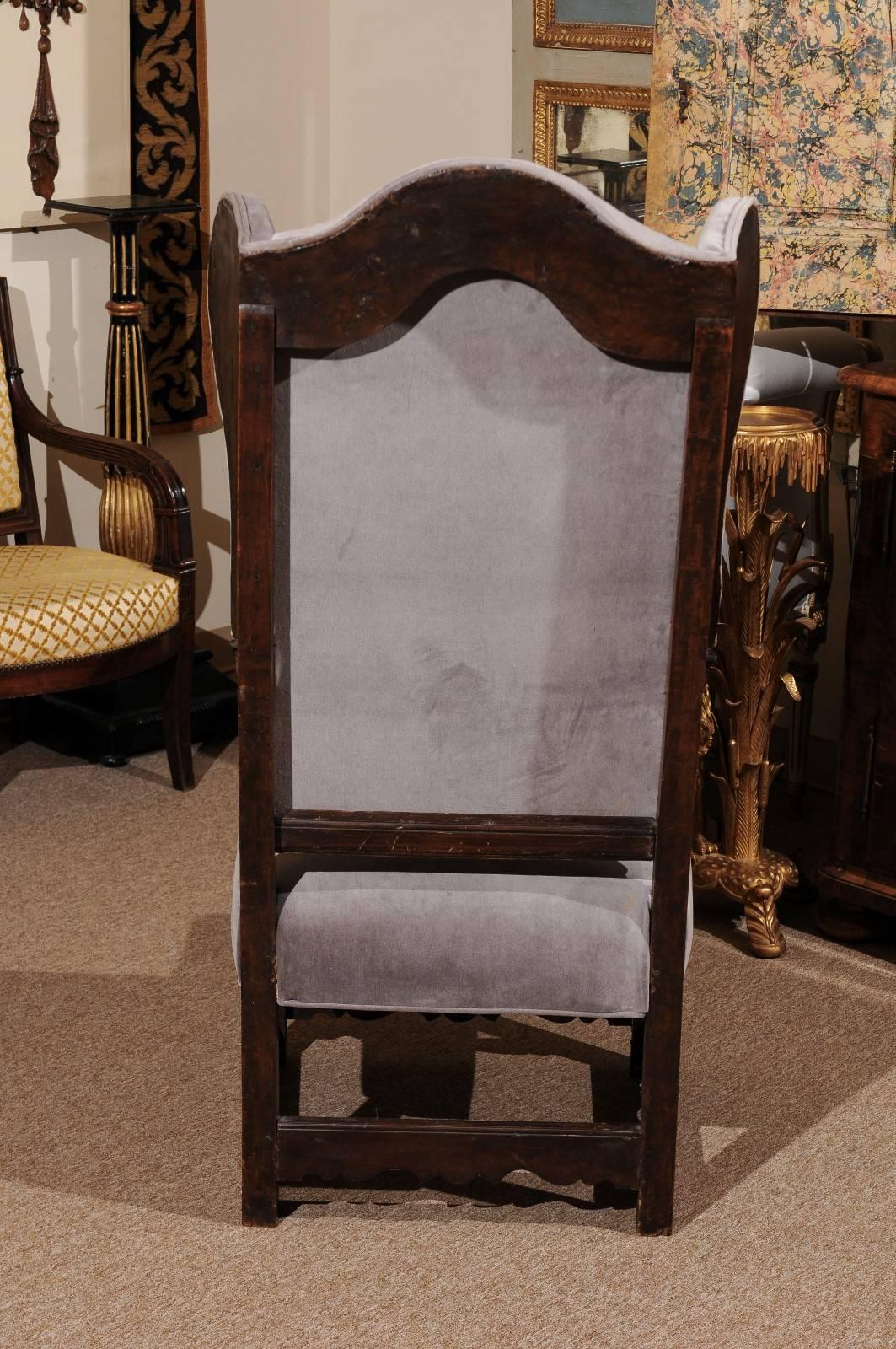 18th Century Italian Walnut Wing Chair with Grey Velvet Upholstery 1