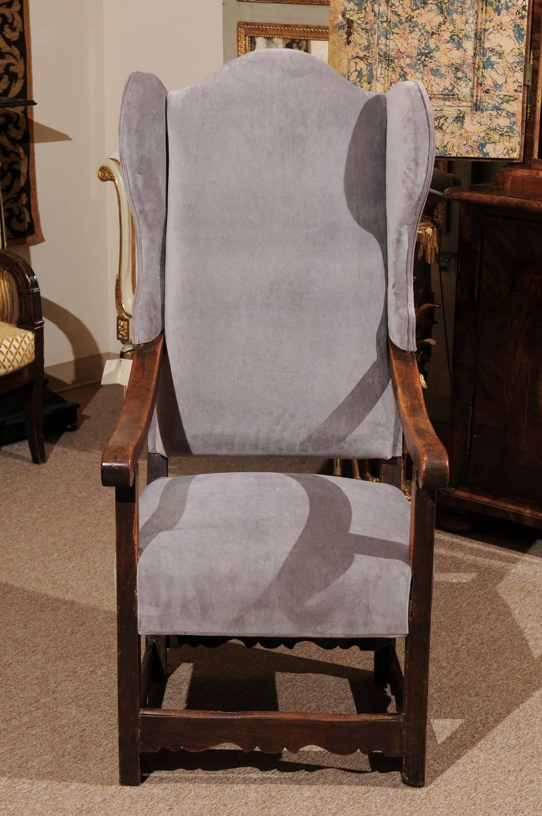 18th Century Italian Walnut Wing Chair with Grey Velvet Upholstery 4