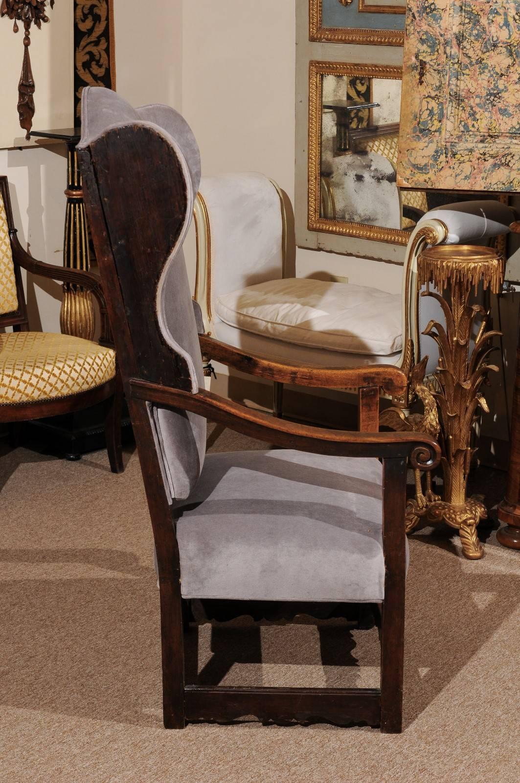 18th Century Italian Walnut Wing Chair with Grey Velvet Upholstery 2