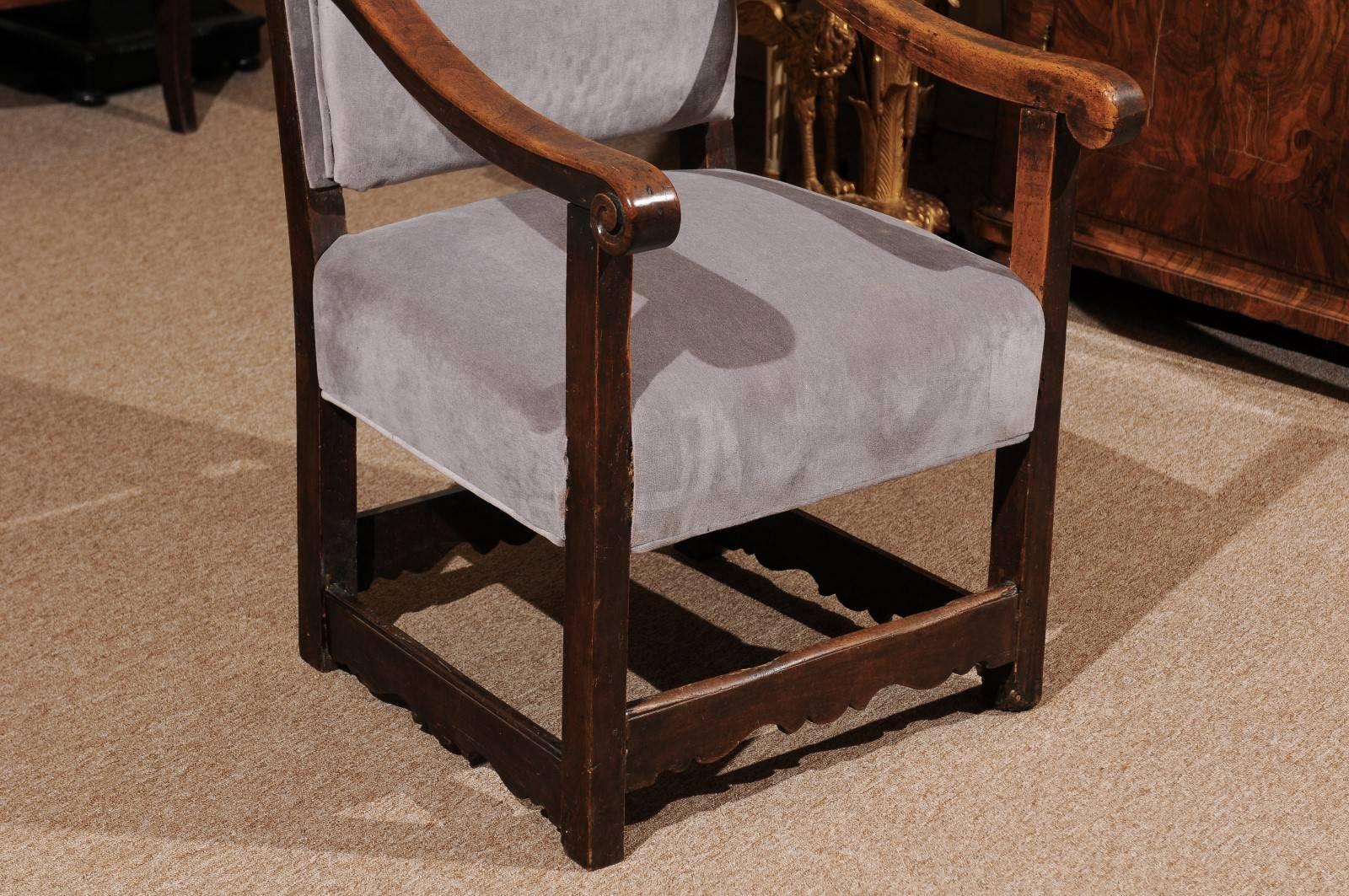 18th Century Italian Walnut Wing Chair with Grey Velvet Upholstery 5