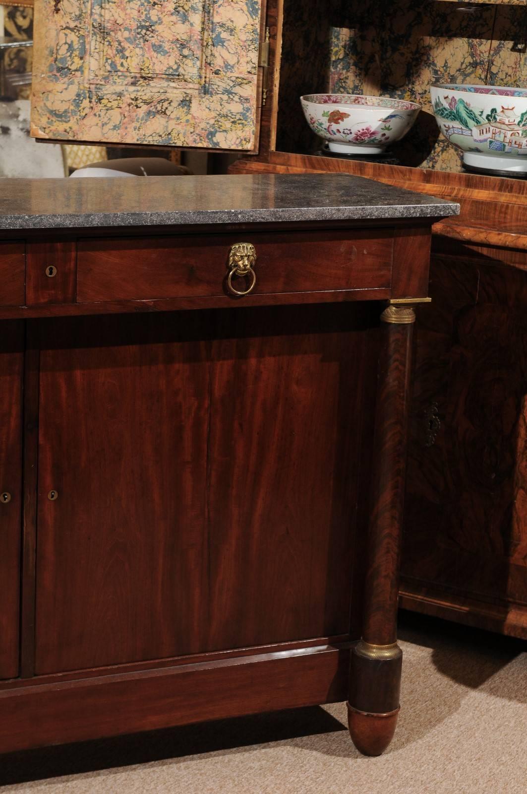 19th Century French Buffet in Mahogany with Grey Marble Top & Bronze Dore Mounts 1