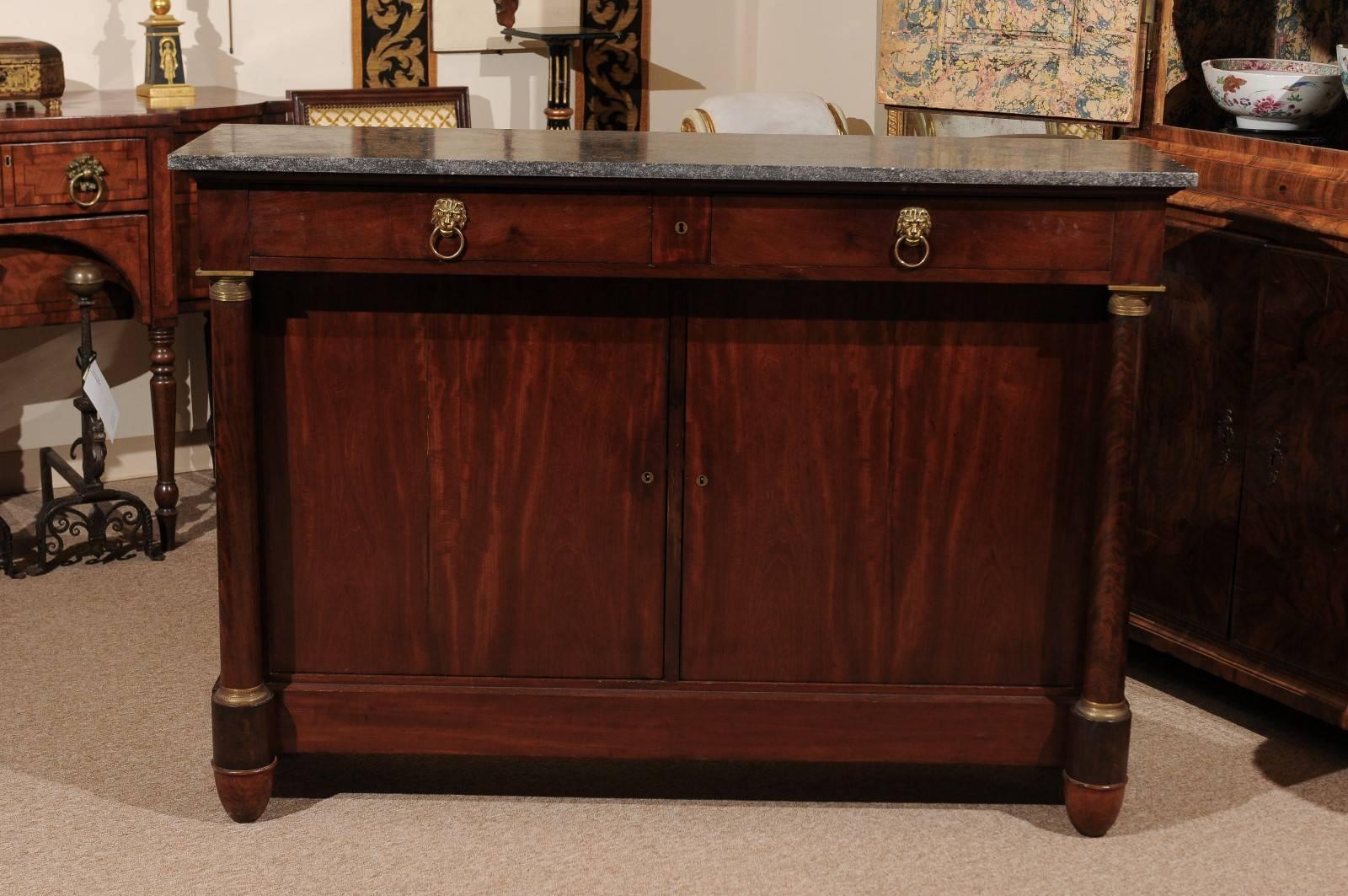 19th Century French Buffet in Mahogany with Grey Marble Top & Bronze Dore Mounts In Excellent Condition In Atlanta, GA