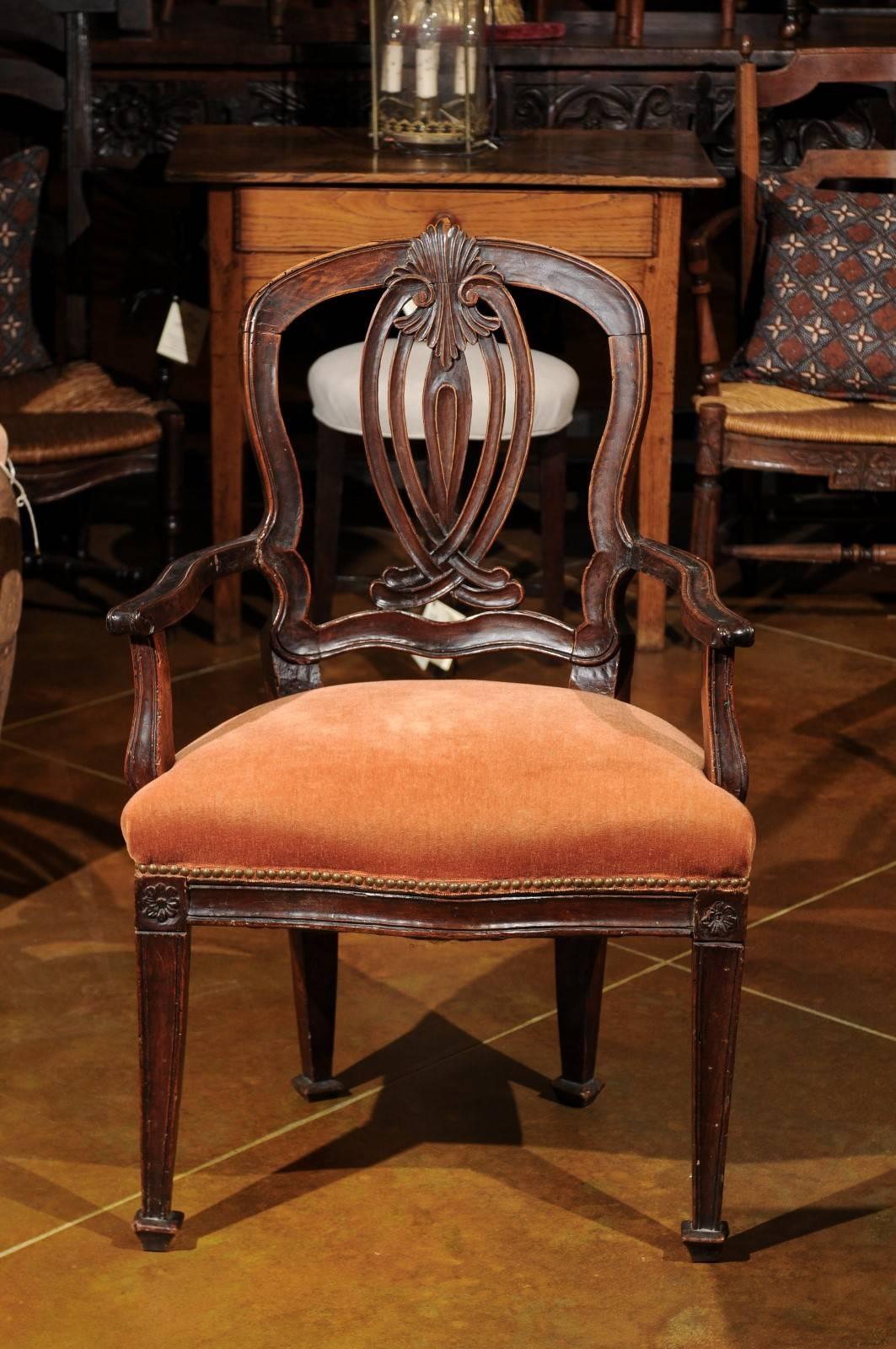 Upholstery Transitional Rococo / Neoclassical Armchair in Walnut, Italy, circa 1780 For Sale