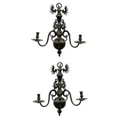 Pair of 19th Century Dutch Brass Three-Light Sconces with Eagle Wings