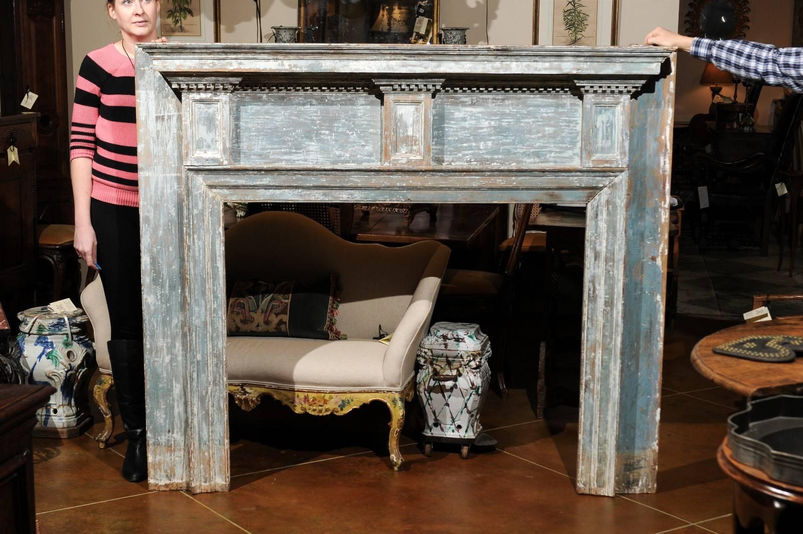 Federal American mantel in original blue painted finish, New England, circa 1750. 

