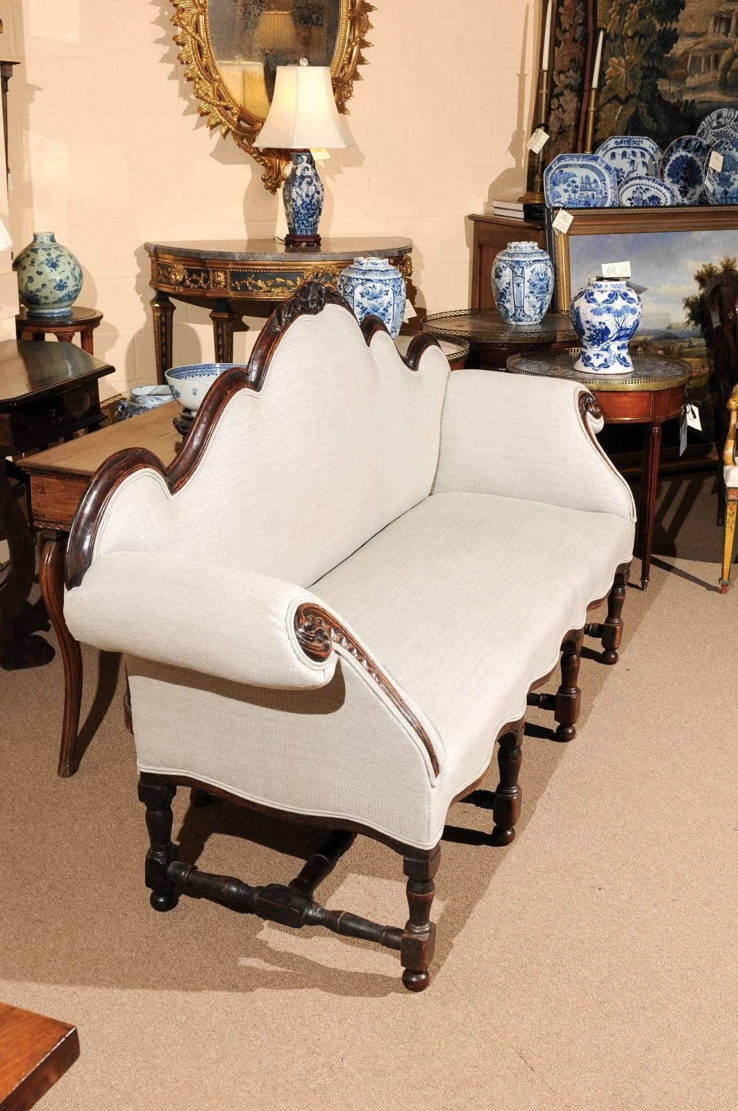 18th Century Italian Rococo Walnut Sofa with Linen Upholstery 1