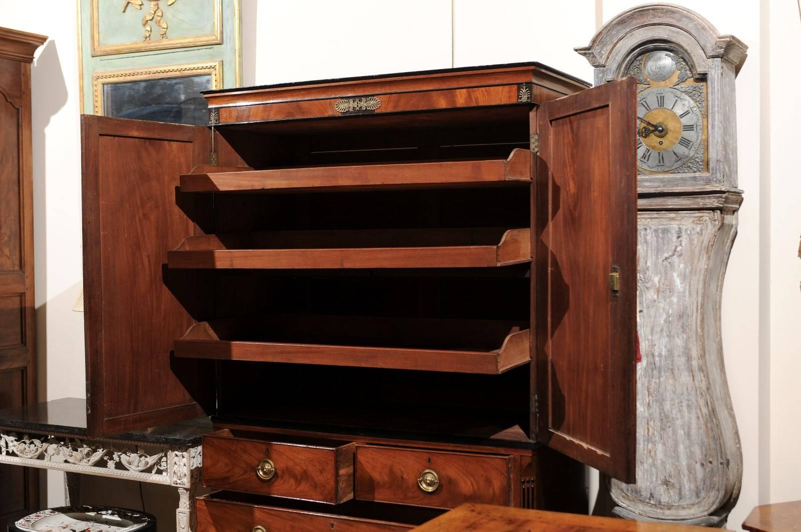 Early 19th Century Regency Gilt Metal Mounted Part Ebonized Mahogany Linen Press In Excellent Condition In Atlanta, GA