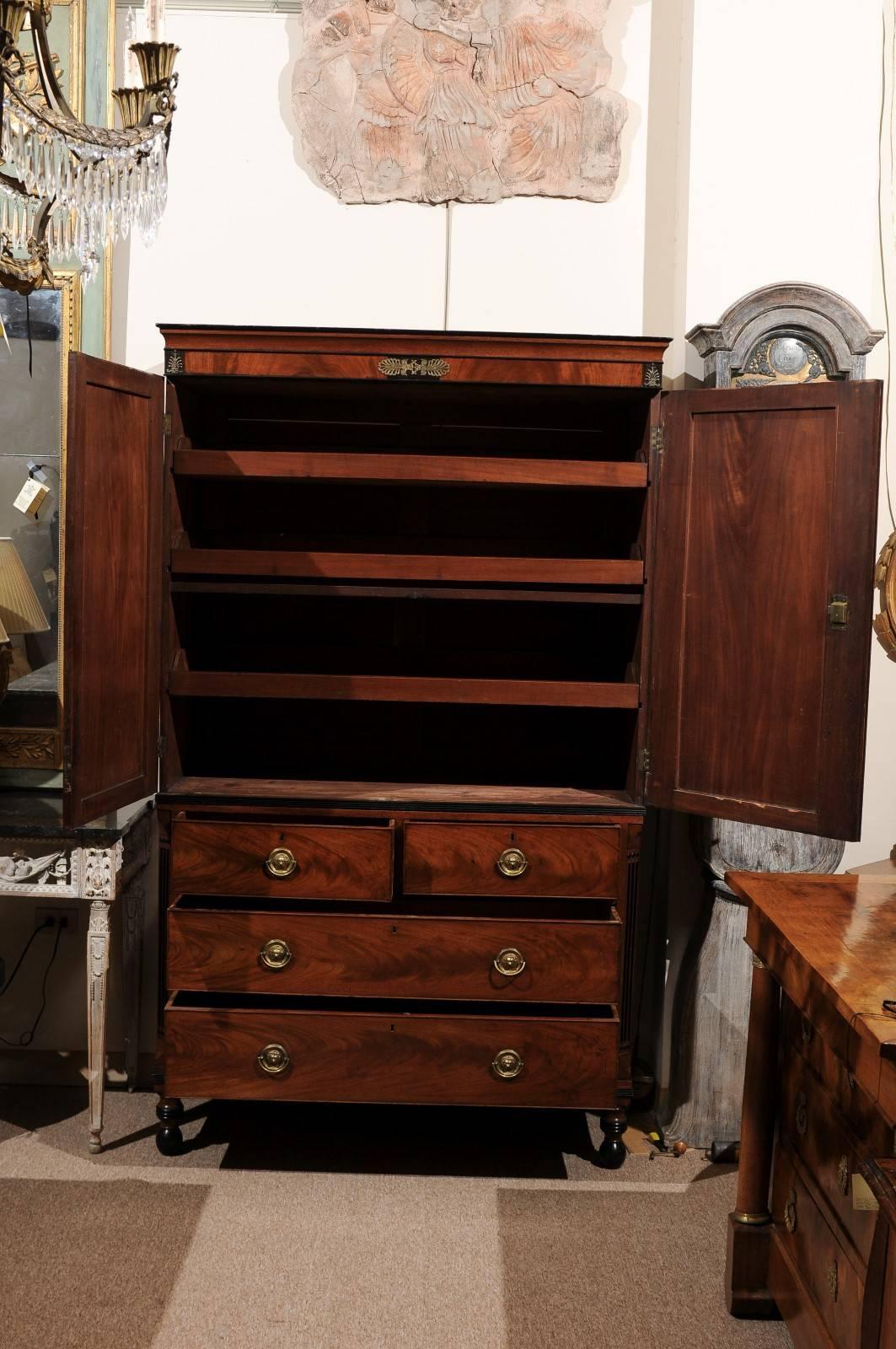 Early 19th Century Regency Gilt Metal Mounted Part Ebonized Mahogany Linen Press 1