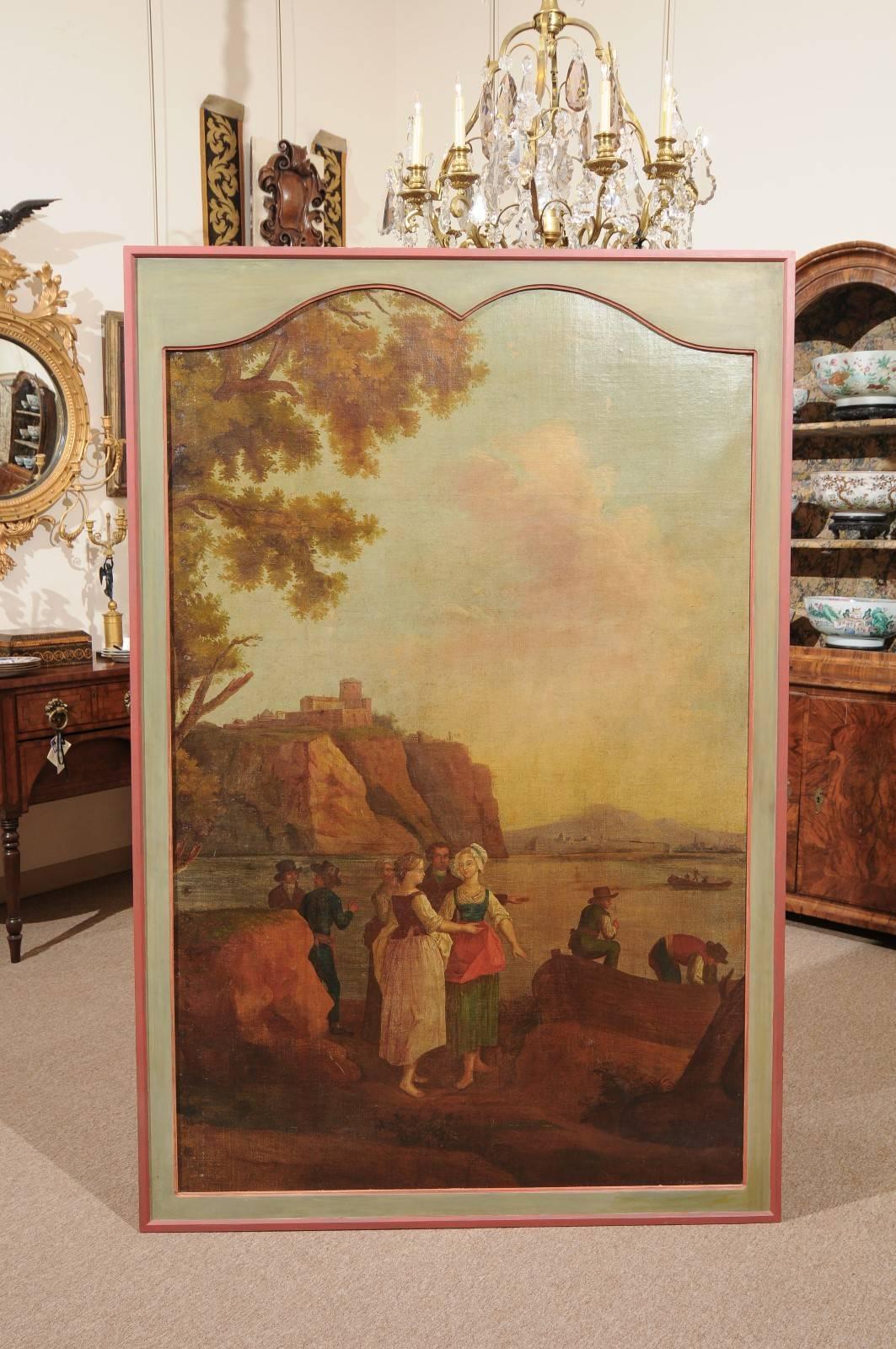 Large French oil on painting of harbour scene with painted green frame, 19th century.