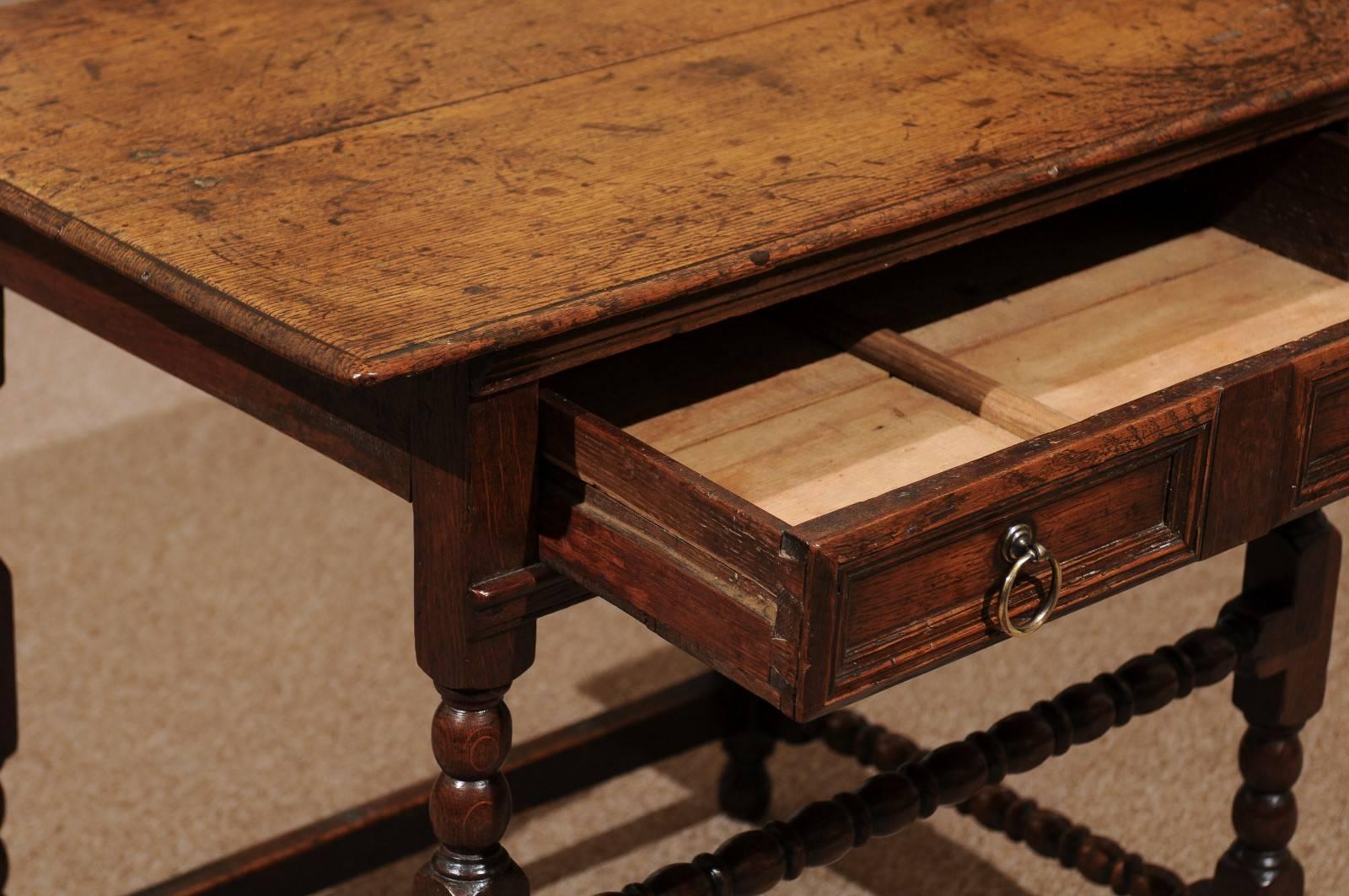 19th Century, English Oak Side Table with Turned Legs and Drawer 1