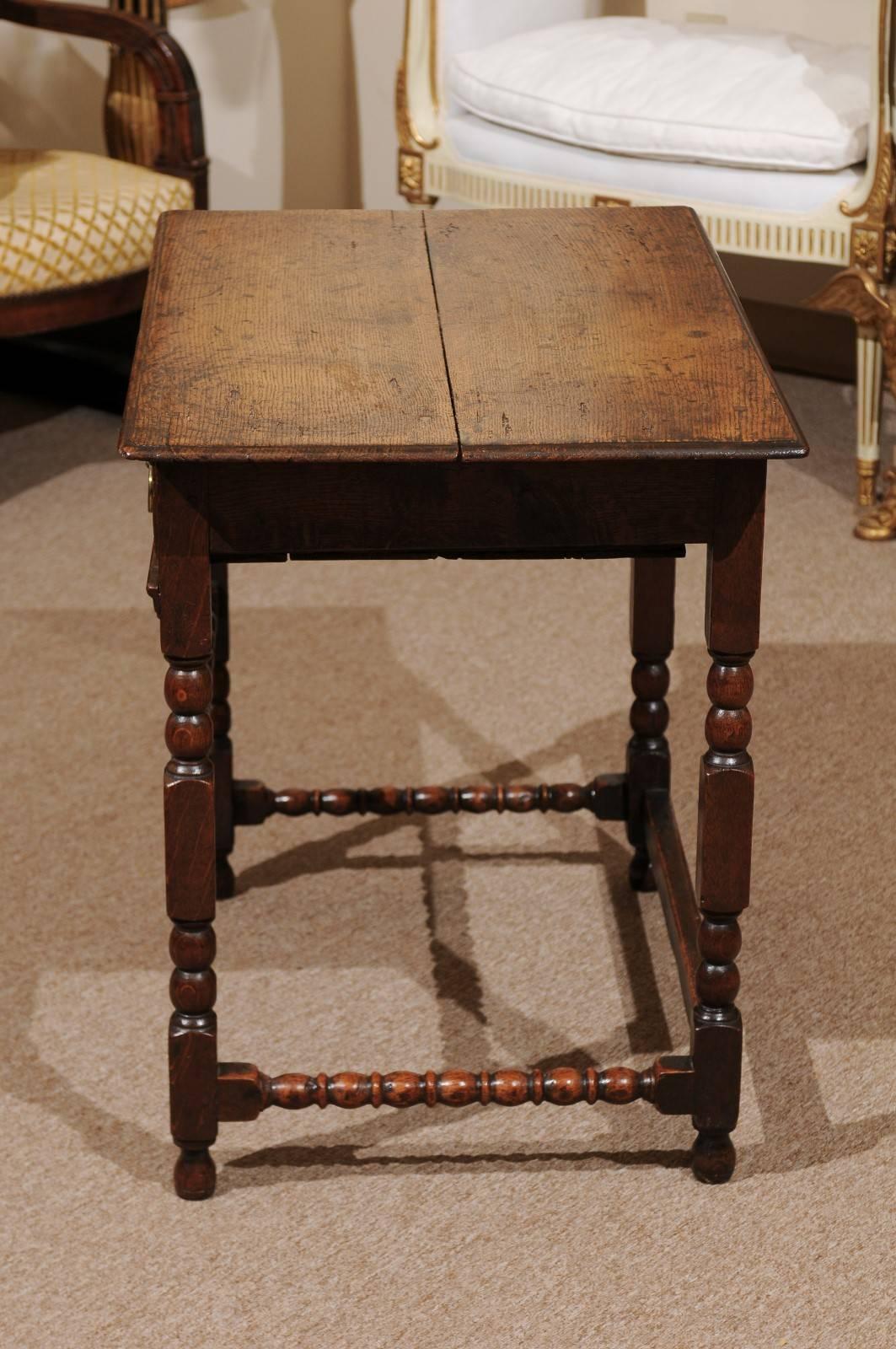 19th Century, English Oak Side Table with Turned Legs and Drawer 2