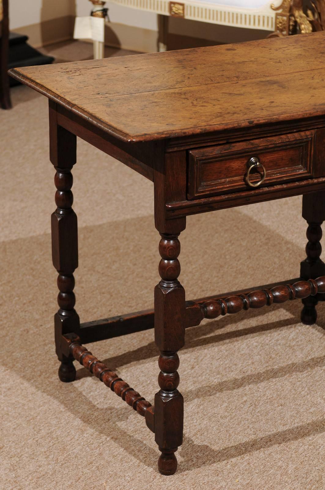19th Century, English Oak Side Table with Turned Legs and Drawer 3