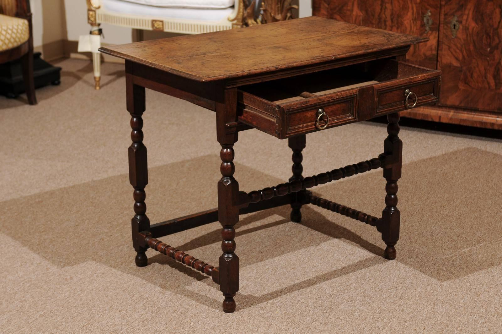 19th Century, English Oak Side Table with Turned Legs and Drawer 4