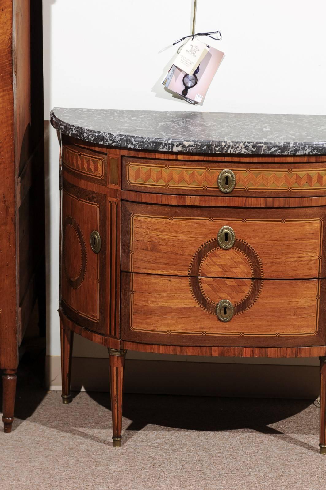 Inlay 18th Century Louis XVI Demilune Parquetry Inlaid Commode with Grey Marble Top