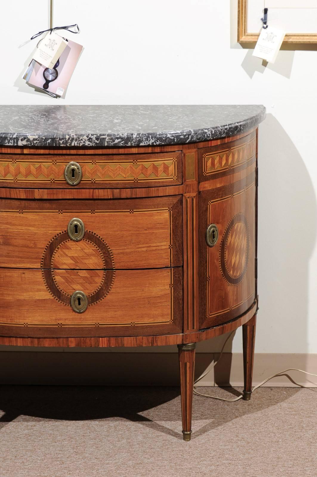 18th Century Louis XVI Demilune Parquetry Inlaid Commode with Grey Marble Top 1