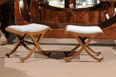 Pair of Painted X-Leg Benches with Velvet Seas, circa 1890