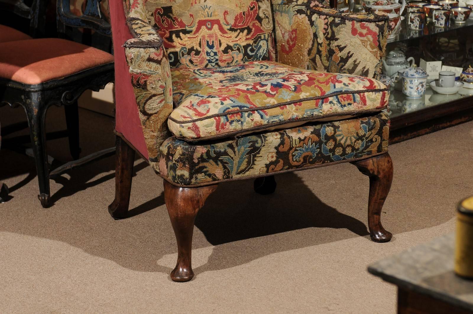 18th Century English Queen Anne Wing Chair in Walnut with Needlepoint Tapestry 1
