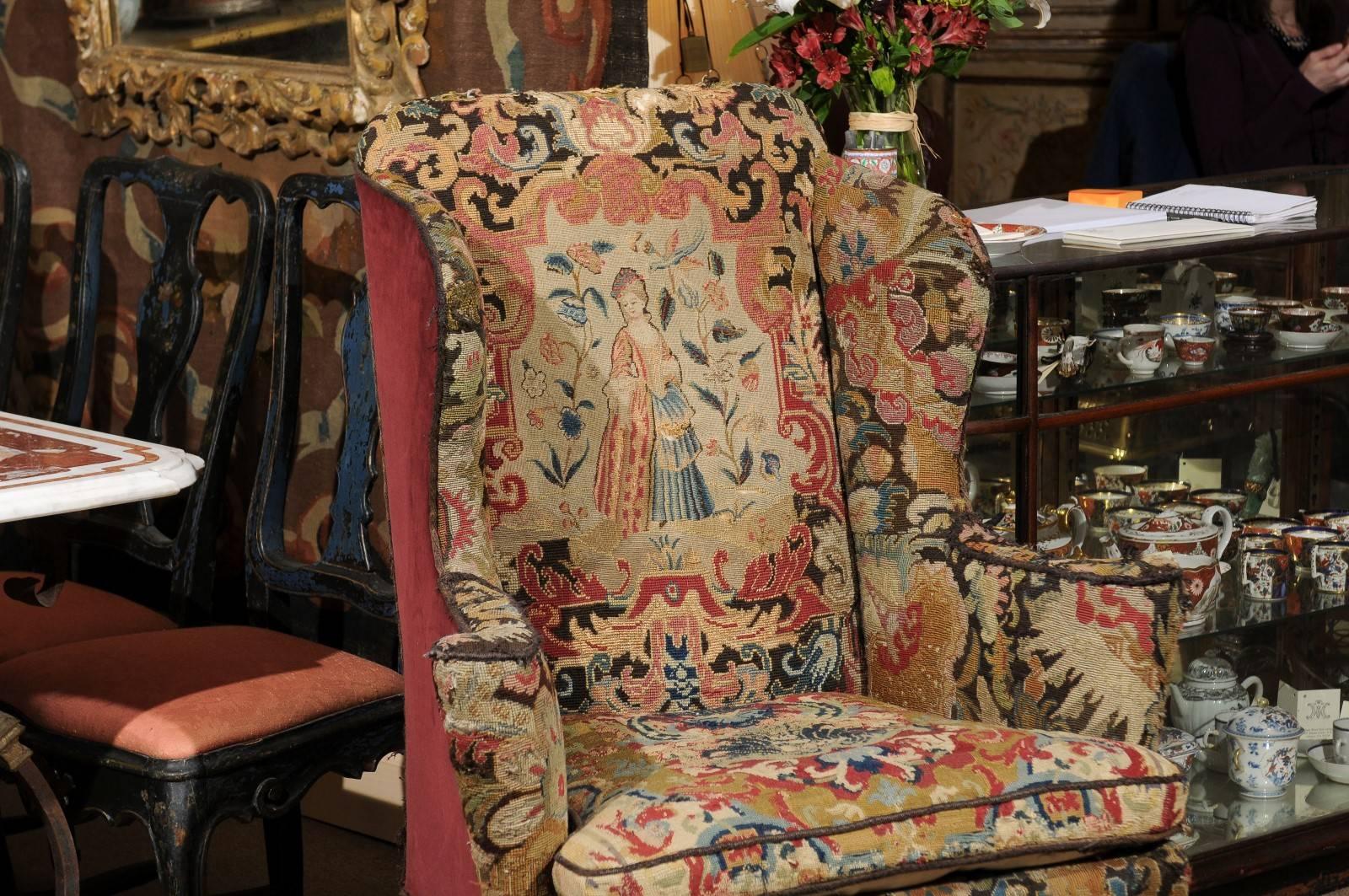 Velvet 18th Century English Queen Anne Wing Chair in Walnut with Needlepoint Tapestry