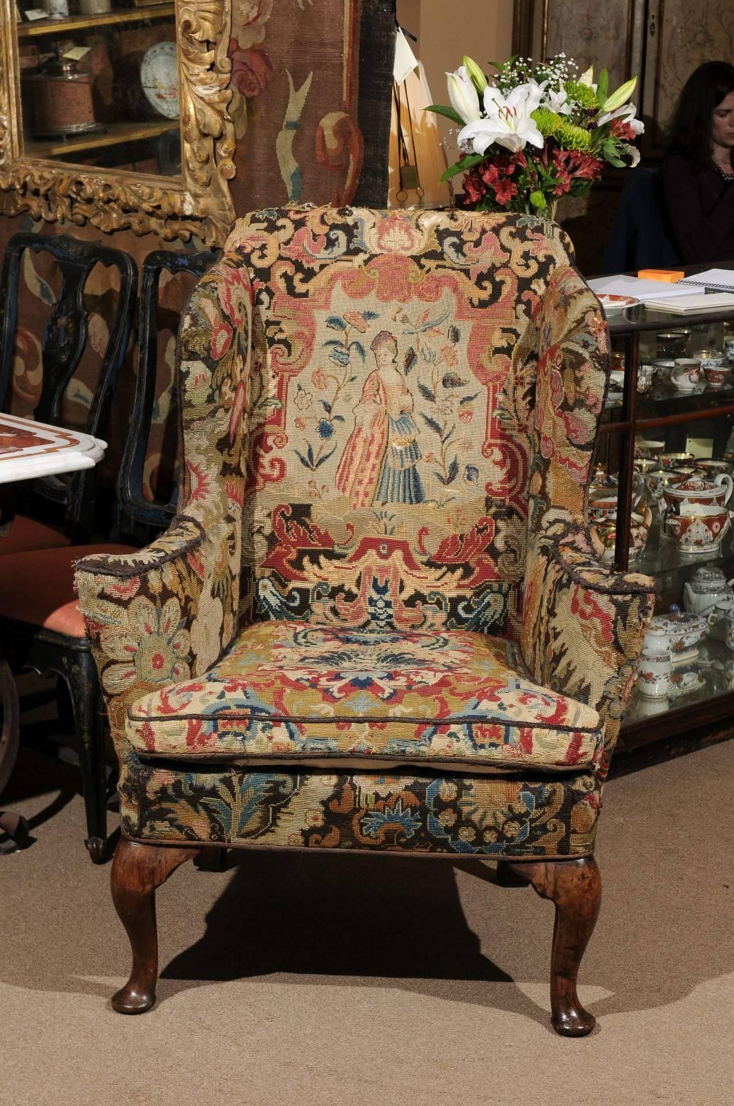 18th Century English Queen Anne Wing Chair in Walnut with Needlepoint Tapestry 2