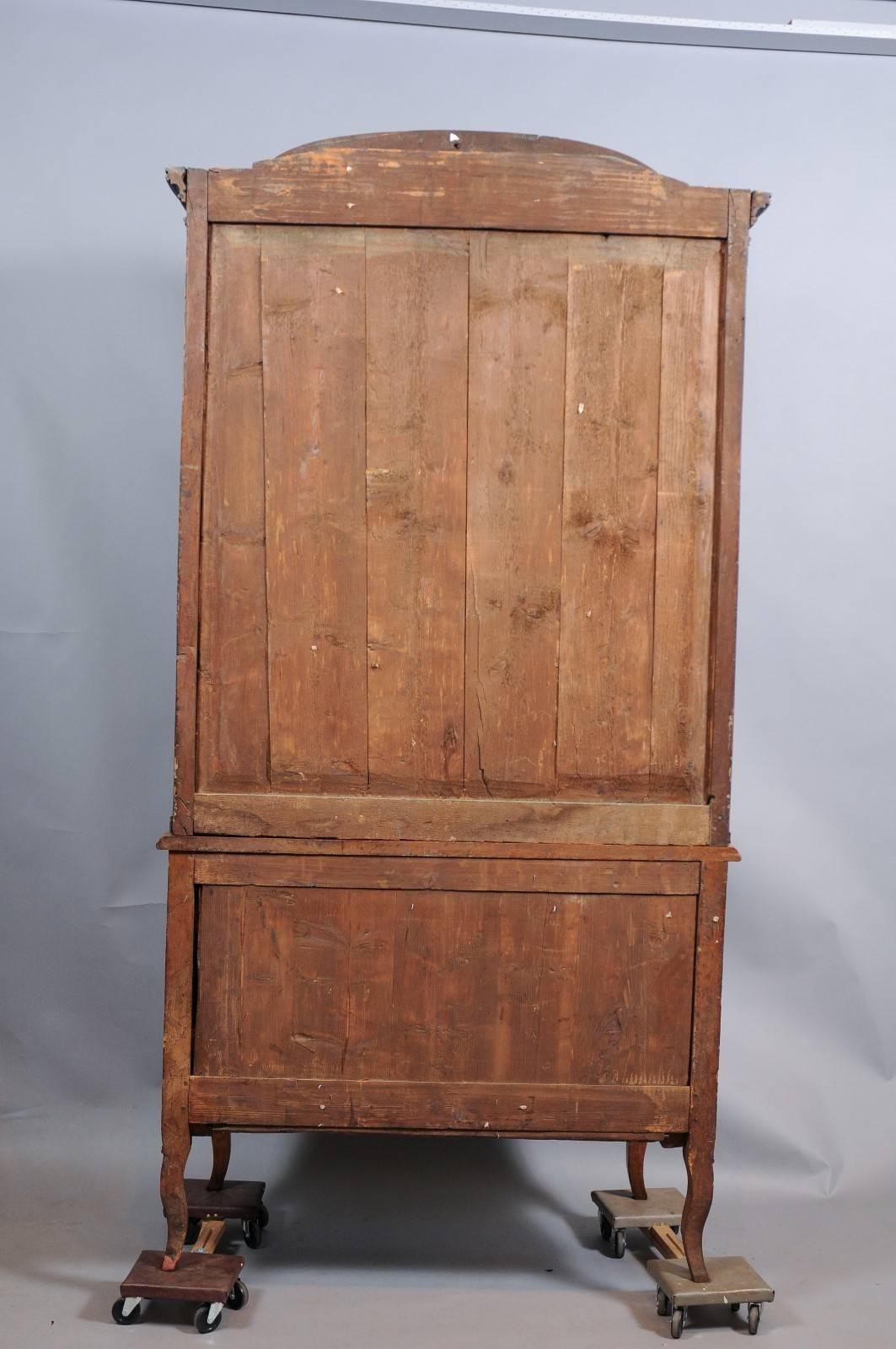 Glass Louis XV Walnut Bureau Bookcase with Arched Cornice, France, circa 1750