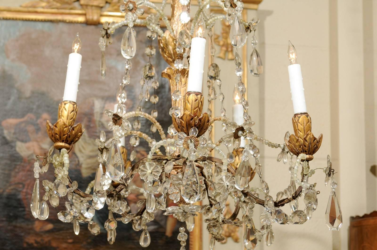 Italian Neoclassical Style Giltwood and Crystal Chandelier with Flowers, 19th Century
