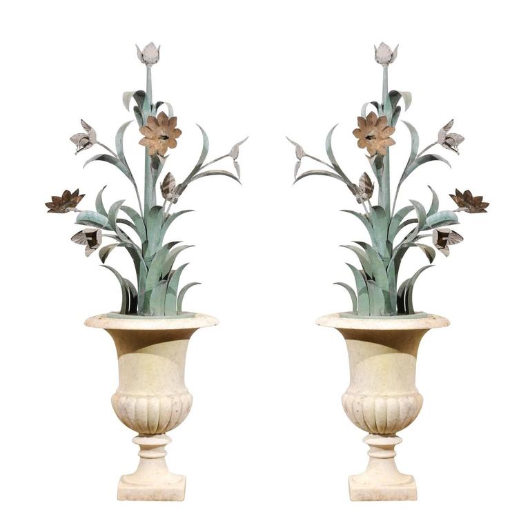 Pair of 18th Century Marble Urn with Painted Tole Flowers, France at