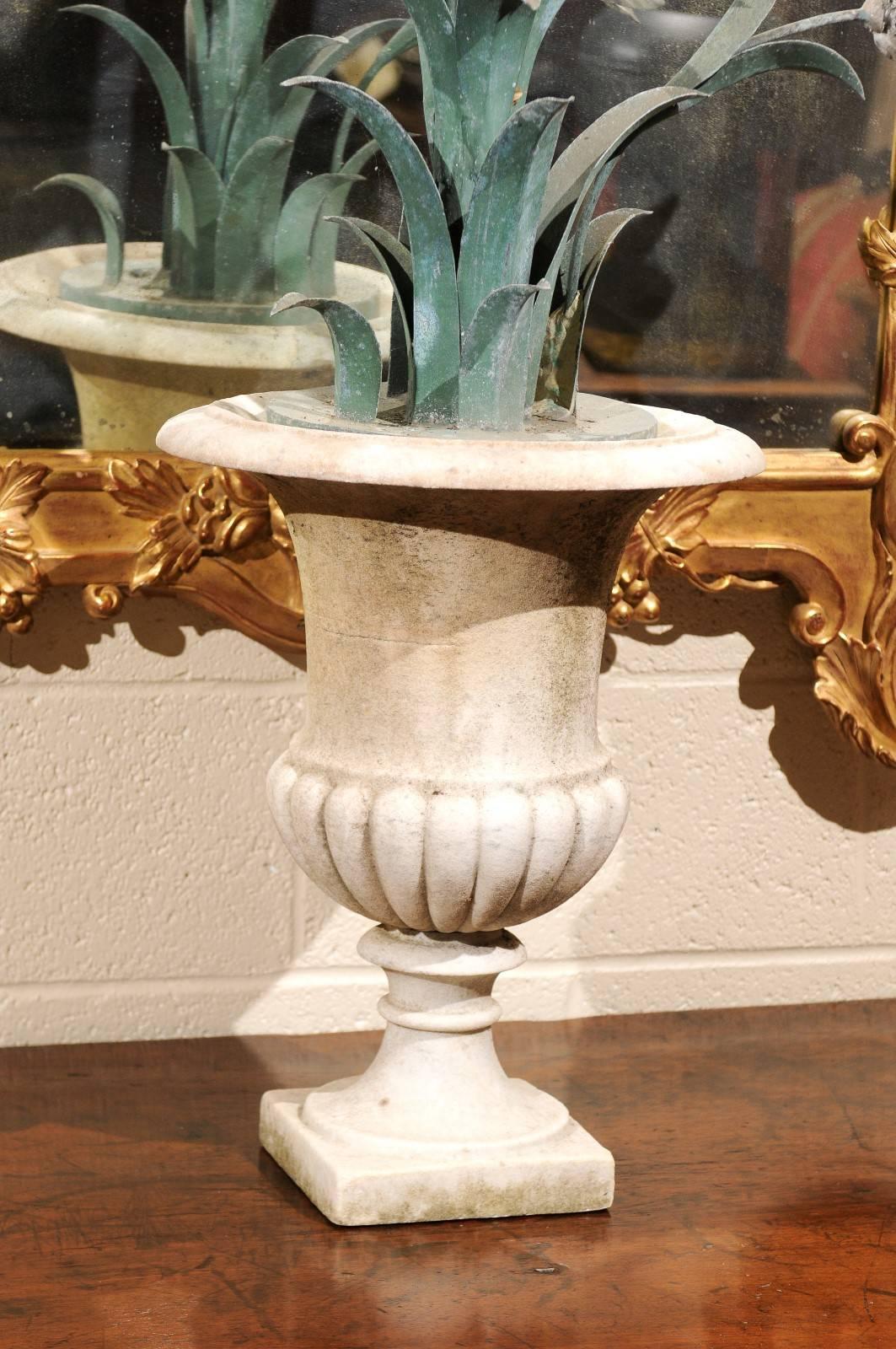 Pair of 18th Century Marble Urn with Painted Tole Flowers, France In Good Condition In Atlanta, GA