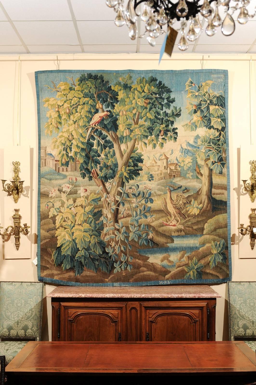 Hand-Woven 18th Century French Verdure Tapestry of Village through Trees