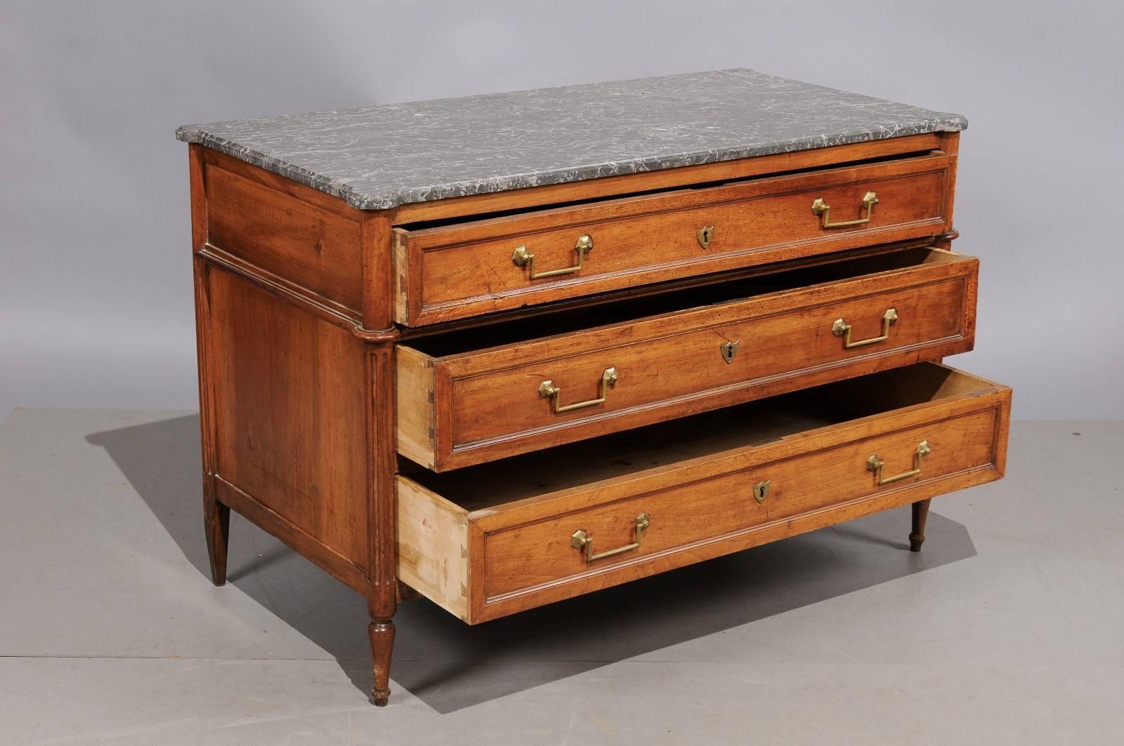 Louis XVI French Walnut Commode with Grey Marble Top In Good Condition In Atlanta, GA