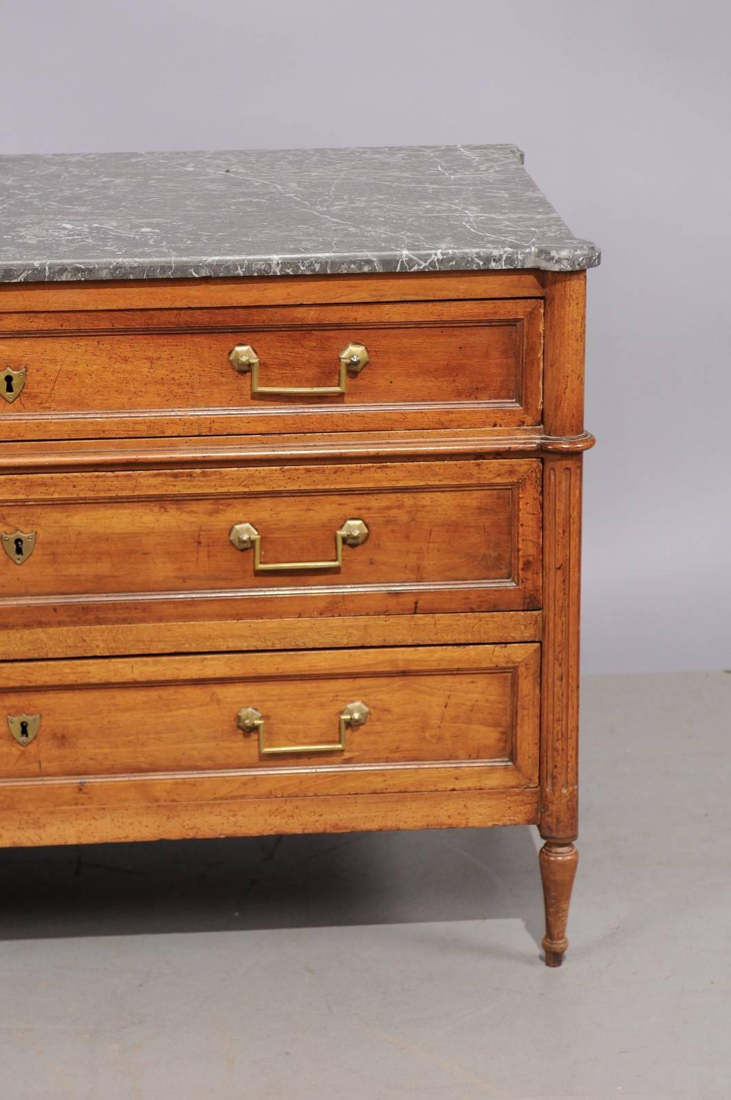 Louis XVI French Walnut Commode with Grey Marble Top 4