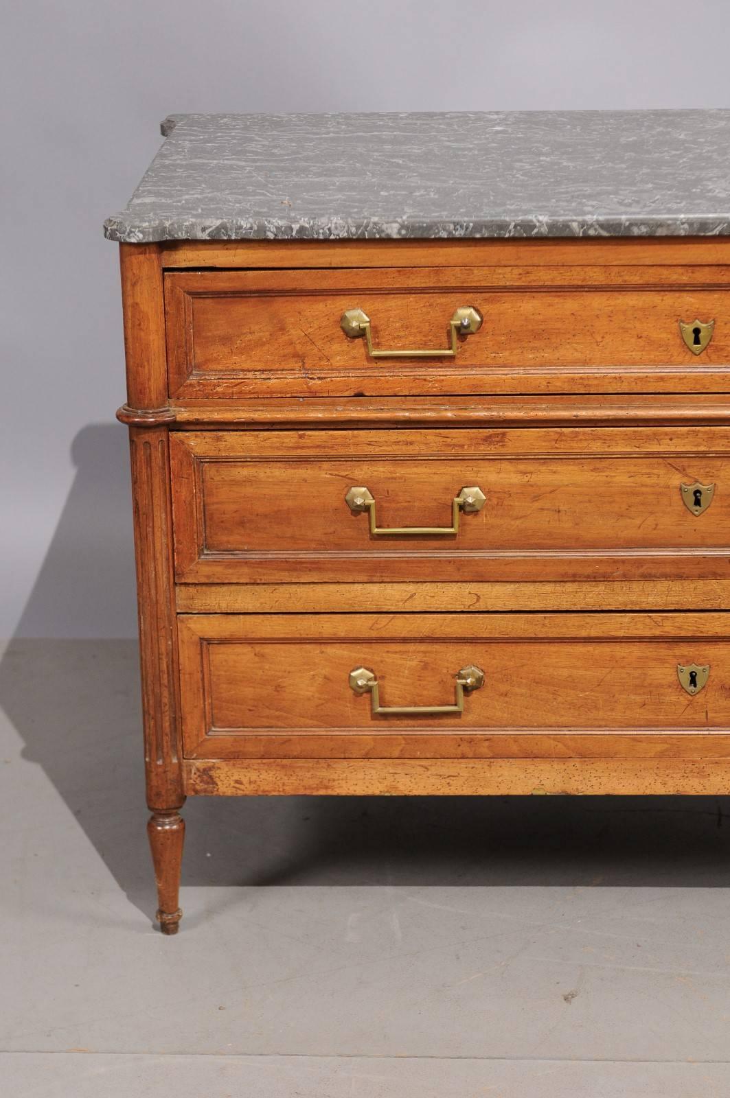 Louis XVI French Walnut Commode with Grey Marble Top 5