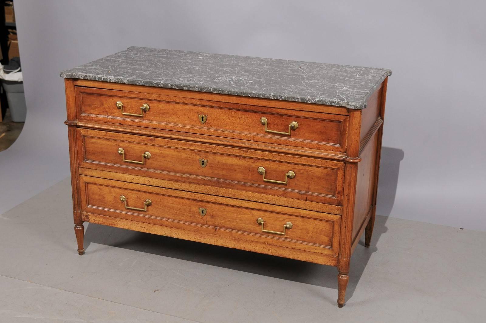 Louis XVI French Walnut Commode with Grey Marble Top 6
