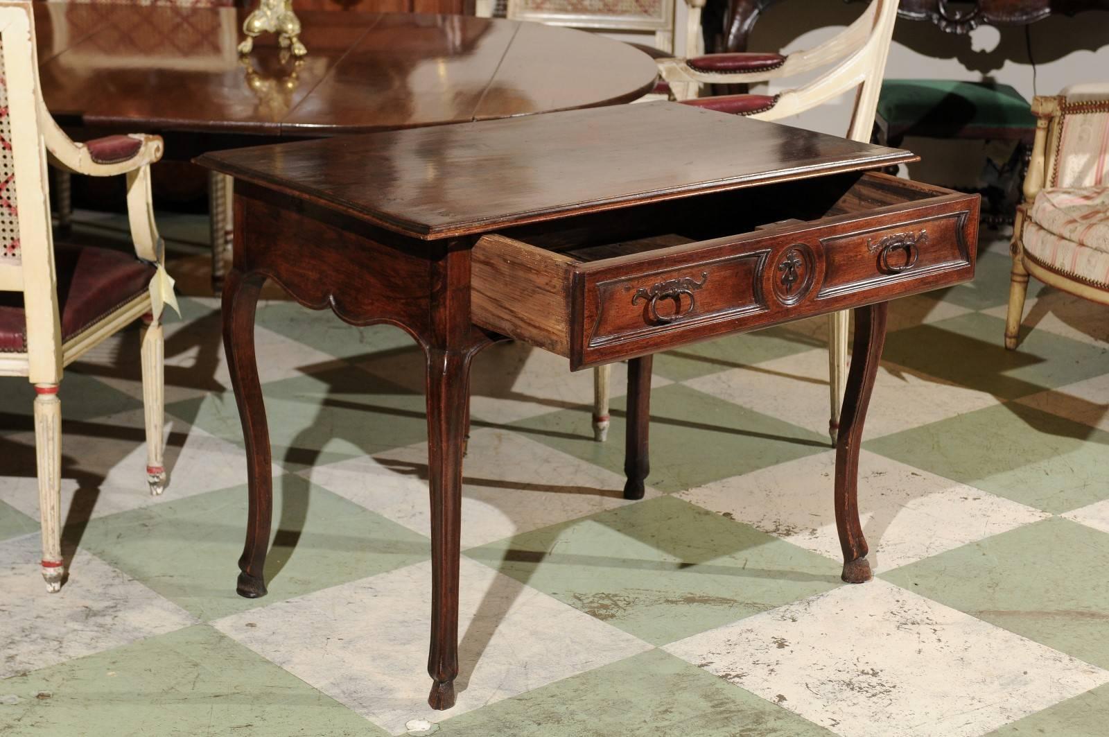 18th Century and Earlier 18th Century French Louis XV Side Table in Walnut with Hoof Feet and Drawer