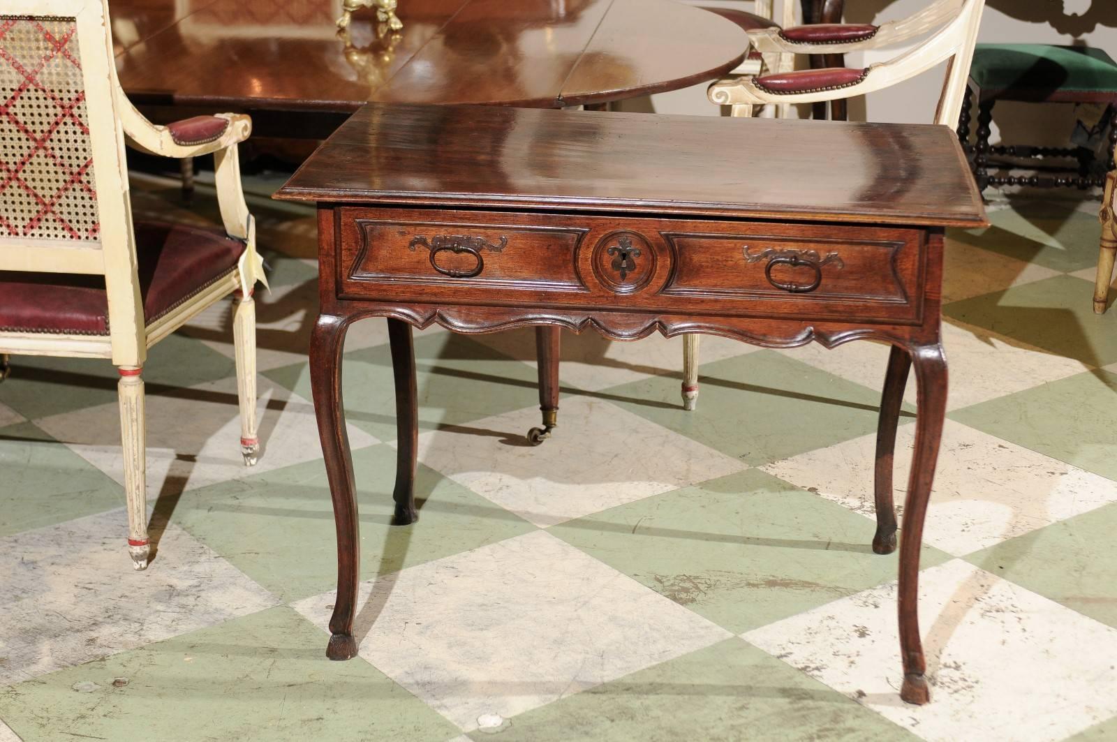 18th Century French Louis XV Side Table in Walnut with Hoof Feet and Drawer 2