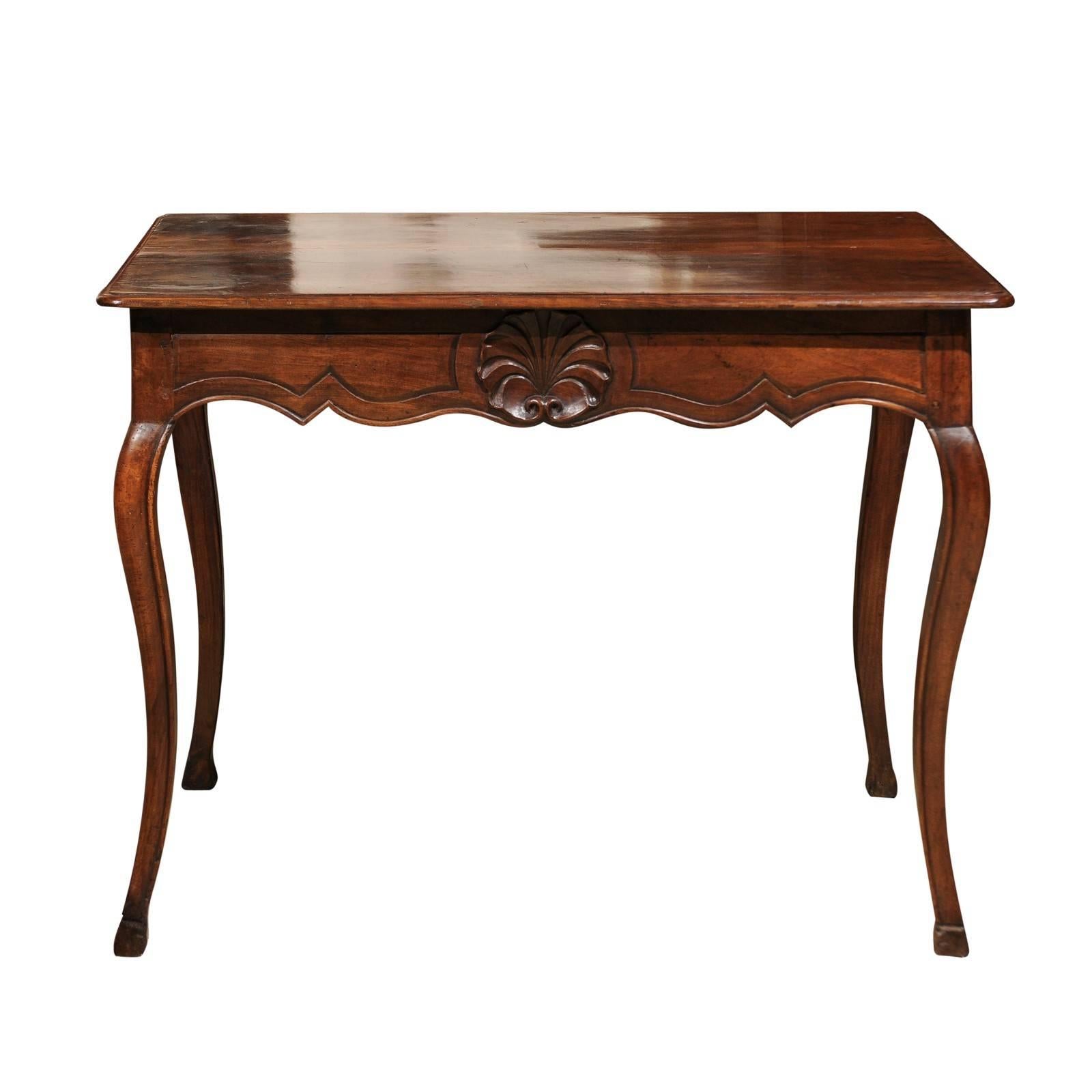 18th Century French Louis XV Walnut Table with Shell Carving & Side Drawer For Sale