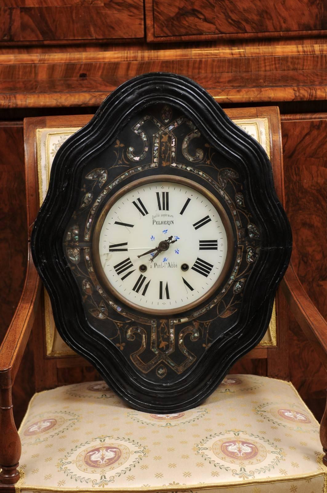 19th Century French ebonized wall clock with inlay & white enameled face.
 