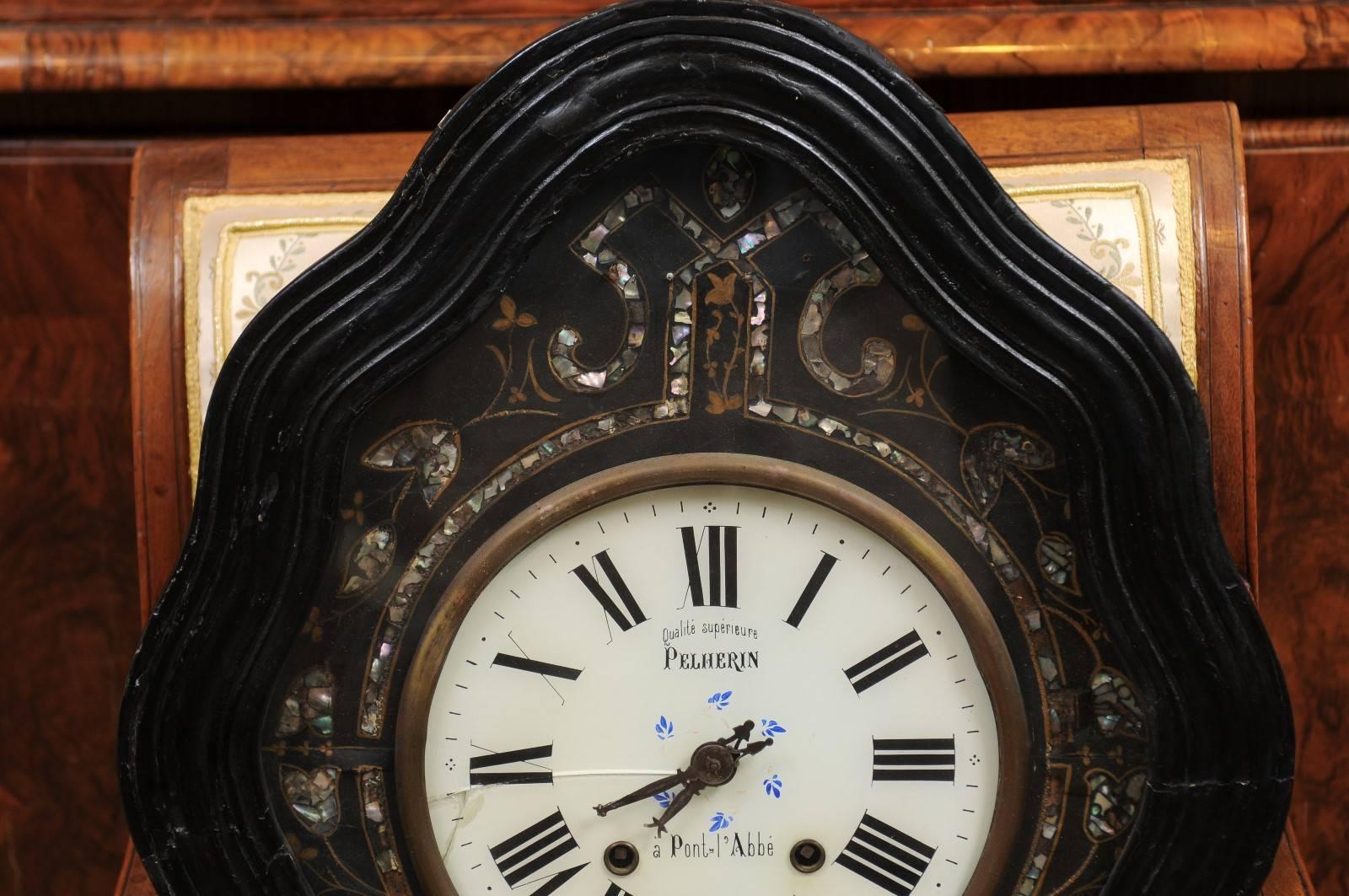 Metal 19th Century, French, Ebonized Wall Clock with Inlay & White Enameled Face