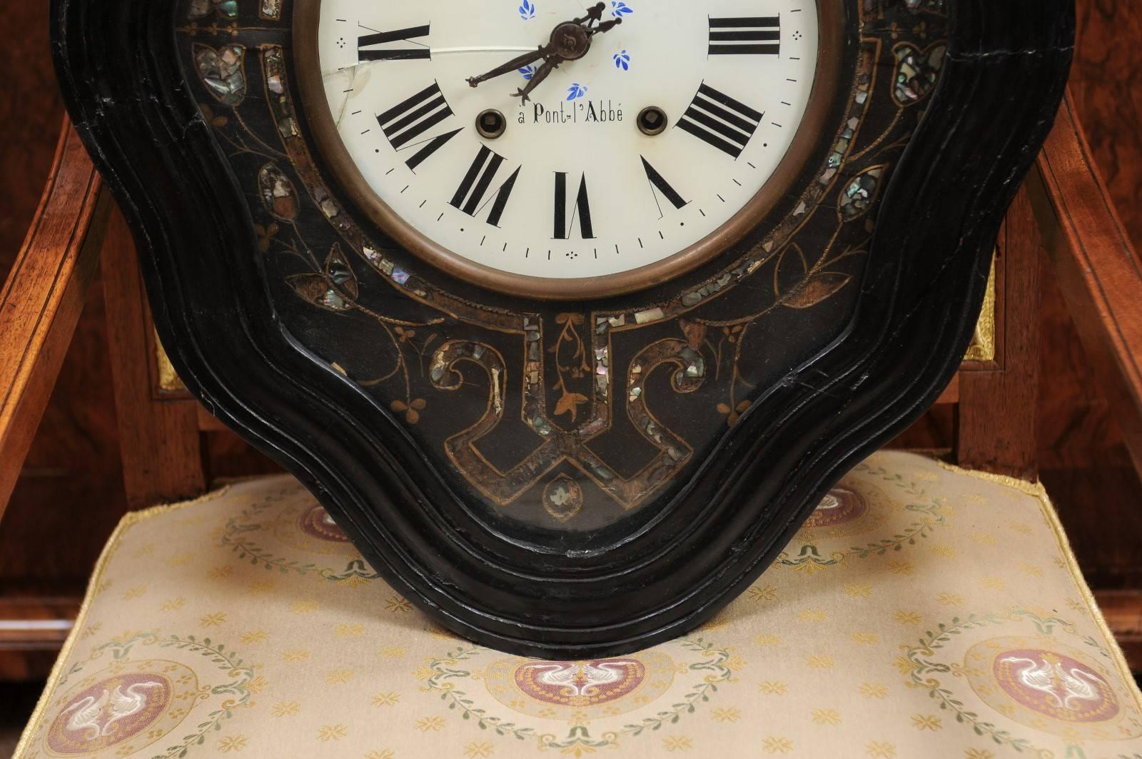 19th Century, French, Ebonized Wall Clock with Inlay & White Enameled Face 1