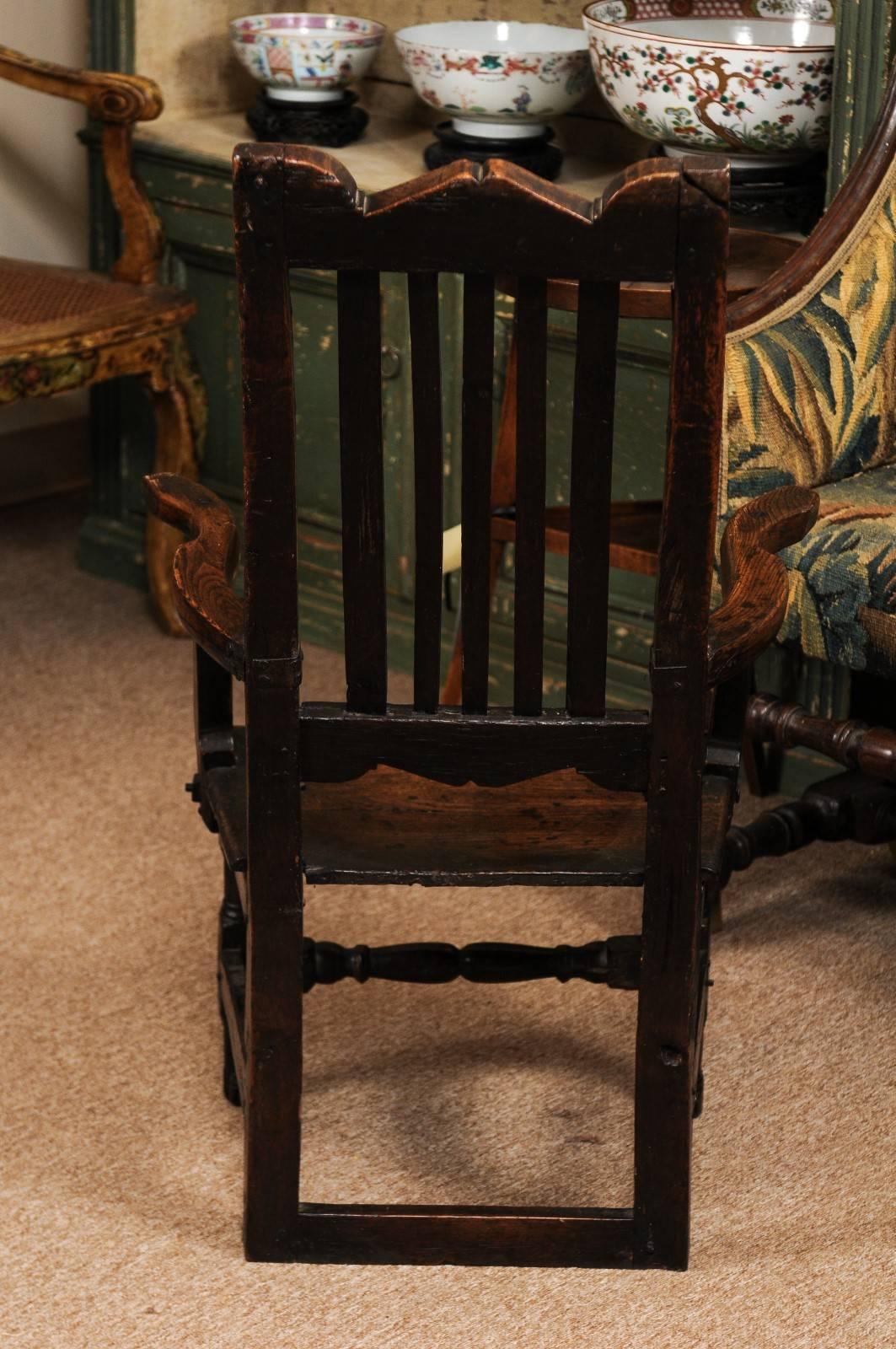 18th Century and Earlier Petite Oak Arm Chair with Turned Stretcher, England, 18th Century For Sale