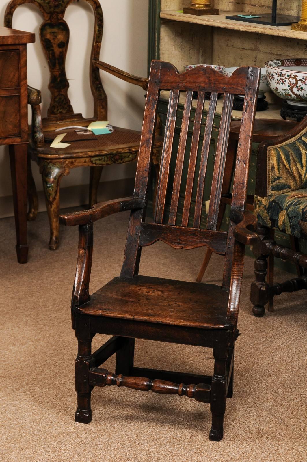 Petite Oak Arm Chair with Turned Stretcher, England, 18th Century For Sale 2