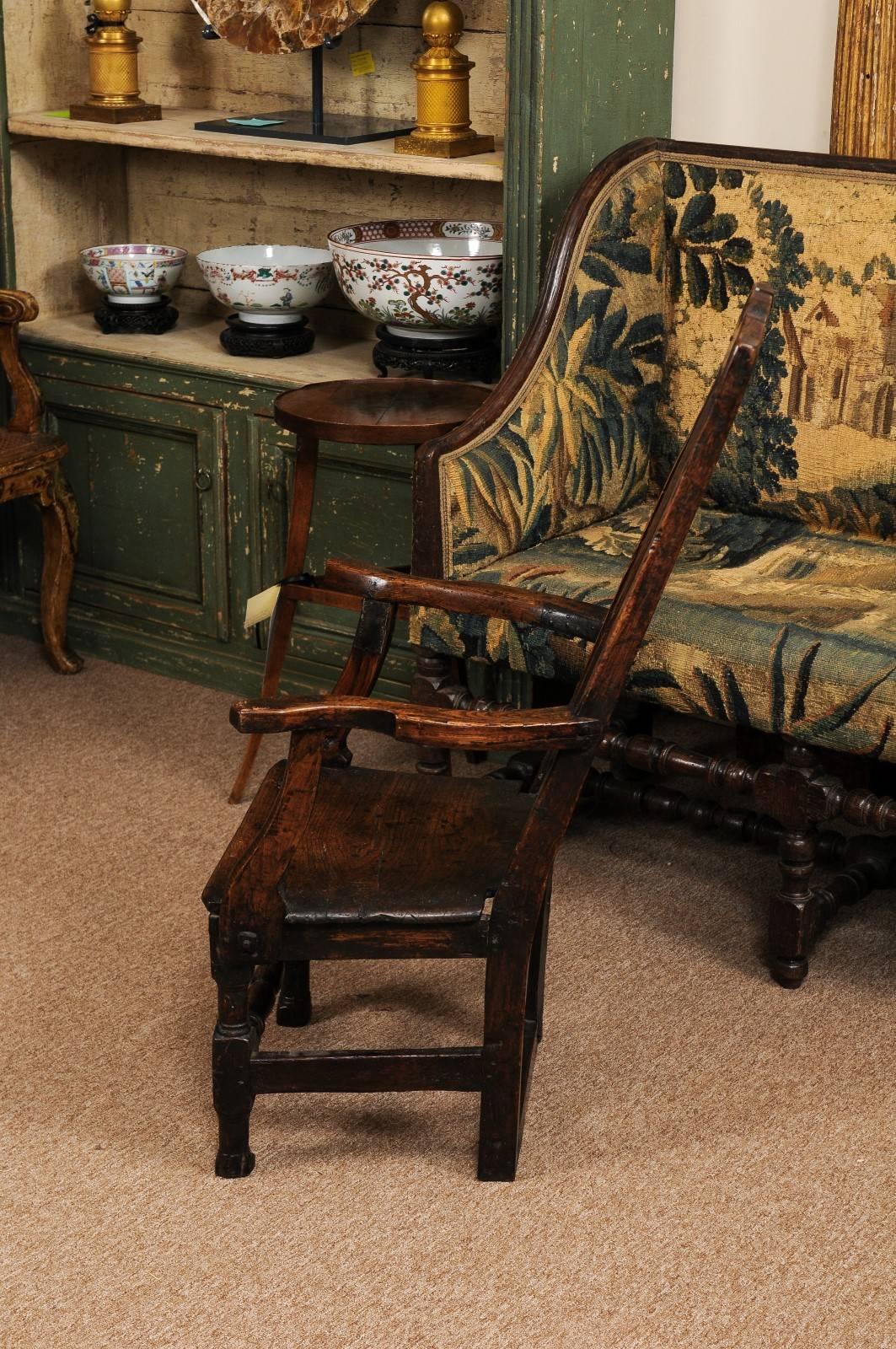 English Petite Oak Arm Chair with Turned Stretcher, England, 18th Century For Sale