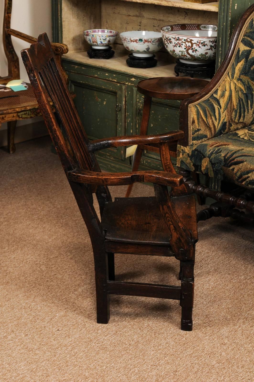 Petite Oak Arm Chair with Turned Stretcher, England, 18th Century For Sale 4