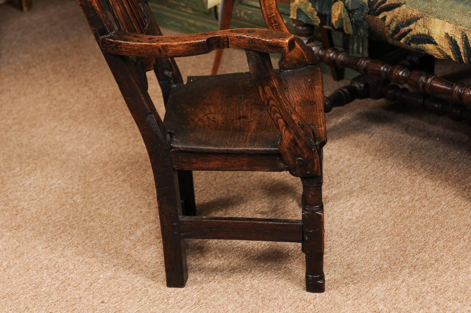 Petite Oak Arm Chair with Turned Stretcher, England, 18th Century For Sale 5
