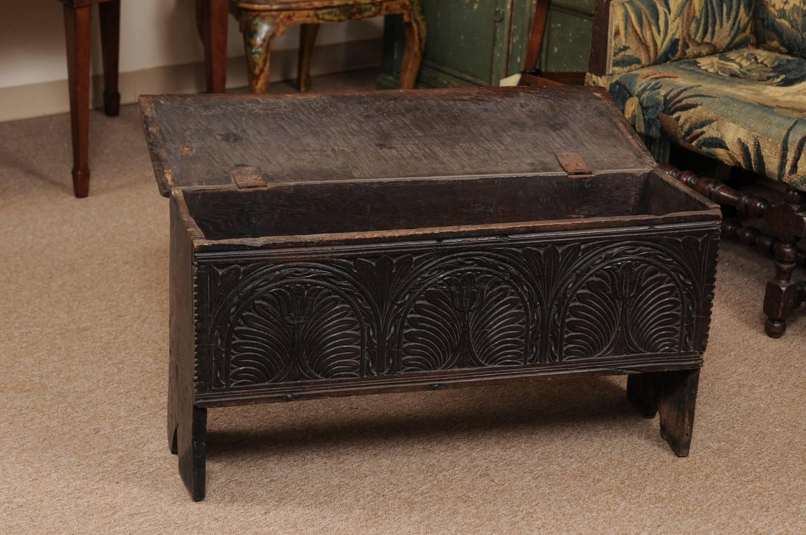 18th Century English Footed Oak Coffer with Carved Tulips 3