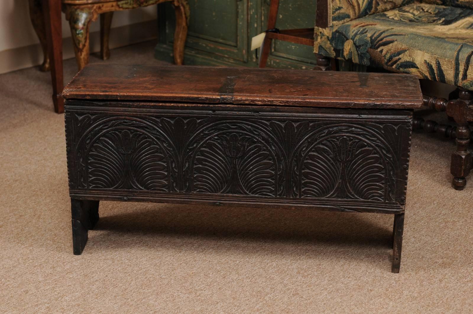 18th Century English Footed Oak Coffer with Carved Tulips 4